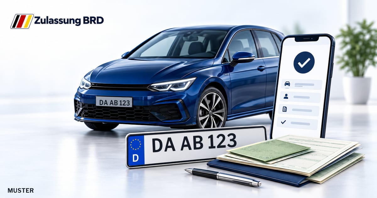 Online Fahrzeugzulassung in Roßdorf: Musterkennzeichen DA AB 123, Auto und Fahrzeugpapiere und Smartphone. Illustration mit Logo von Zulassung BRD.